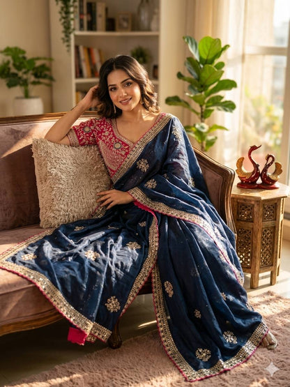 Graceful Navy Blue Color Sequnce Embroidered Designer saree With Blouse