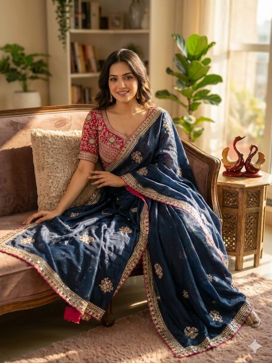Graceful Navy Blue Color Sequnce Embroidered Designer saree With Blouse
