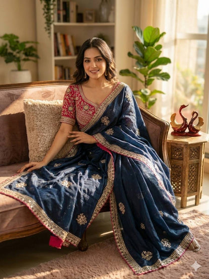 Graceful Navy Blue Color Sequnce Embroidered Designer saree With Blouse