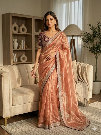 Gorgeous Orange Color Embroidered Designer saree With Blouse