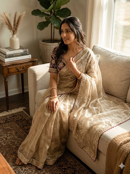 Charming Cream Color Sequnce Embroidered Designer saree With Blouse