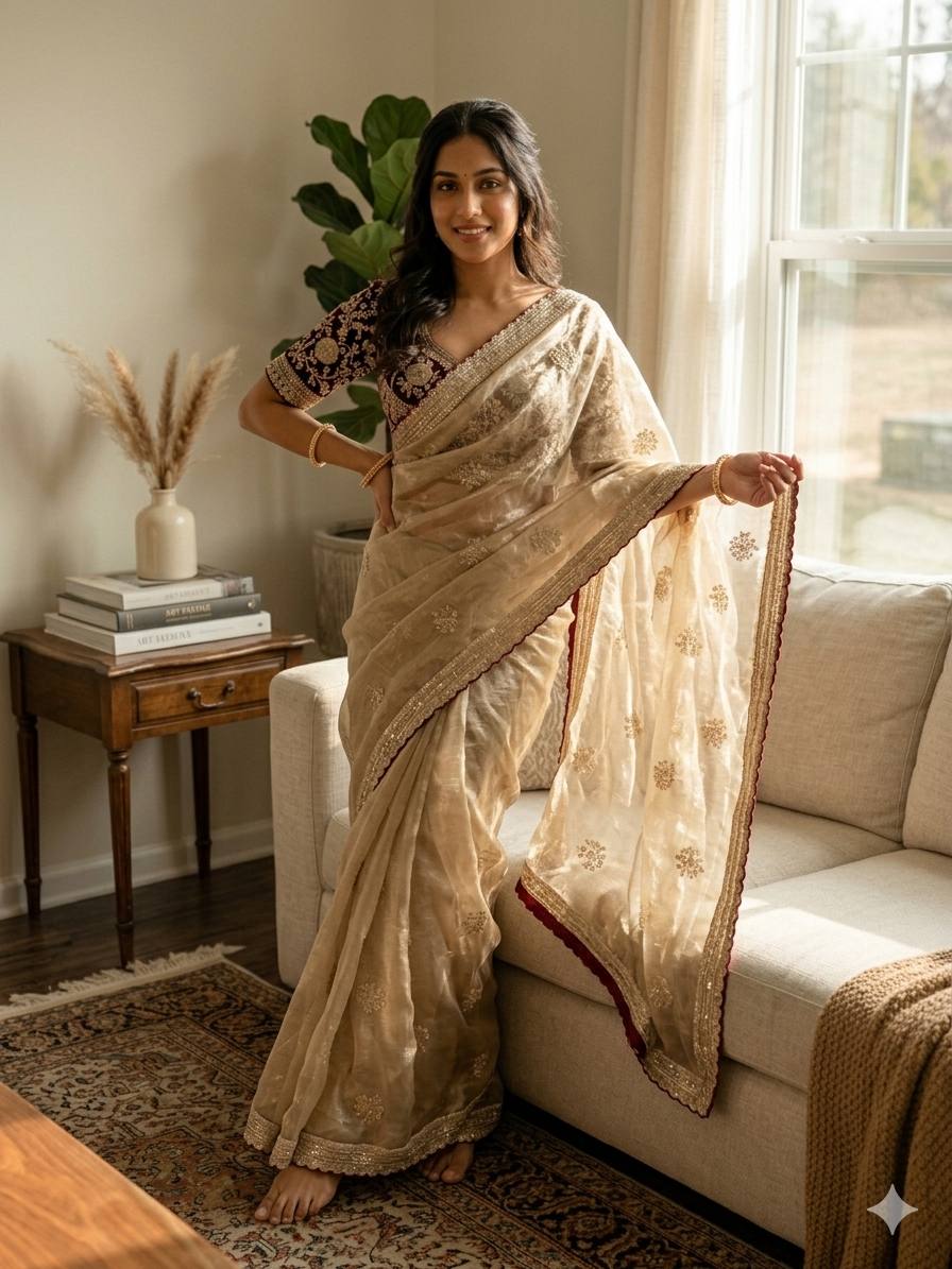 Charming Cream Color Sequnce Embroidered Designer saree With Blouse