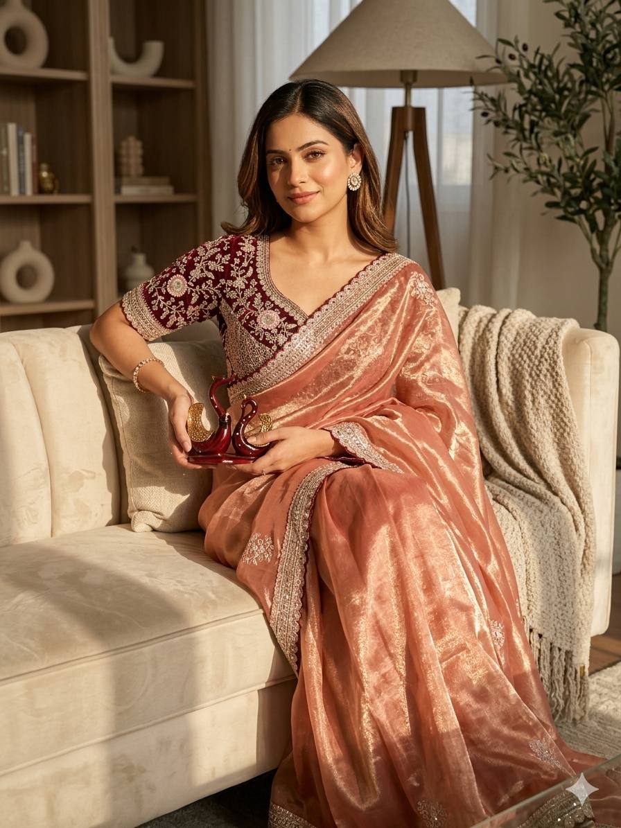 Gorgeous Orange Color Embroidered Designer saree With Blouse
