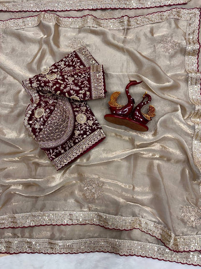 Charming Cream Color Sequnce Embroidered Designer saree With Blouse