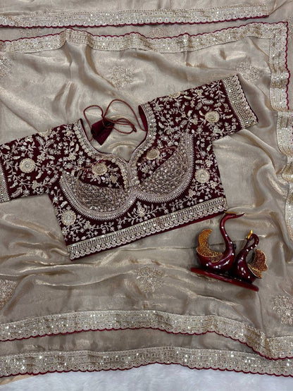 Charming Cream Color Sequnce Embroidered Designer saree With Blouse