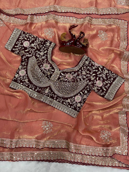 Gorgeous Orange Color Embroidered Designer saree With Blouse