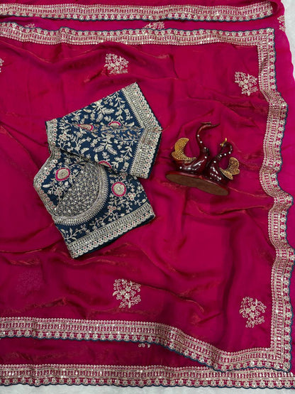 Impossing Pink Color Sequence Embroidered Designer saree With Blouse