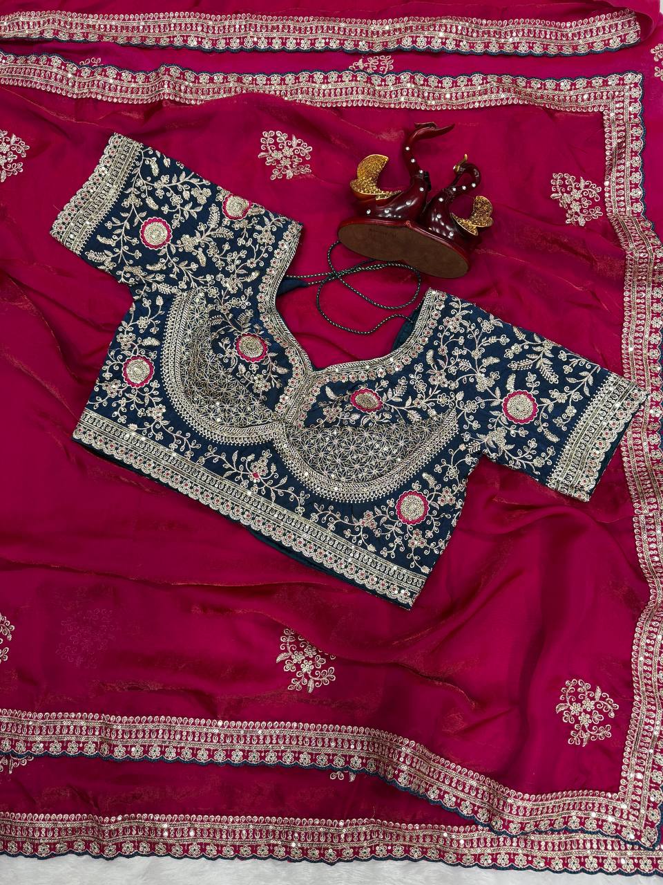 Impossing Pink Color Sequence Embroidered Designer saree With Blouse