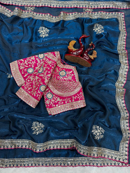 Graceful Navy Blue Color Sequnce Embroidered Designer saree With Blouse