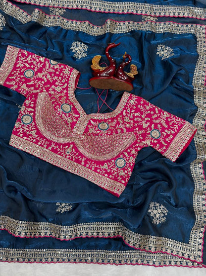 Graceful Navy Blue Color Sequnce Embroidered Designer saree With Blouse