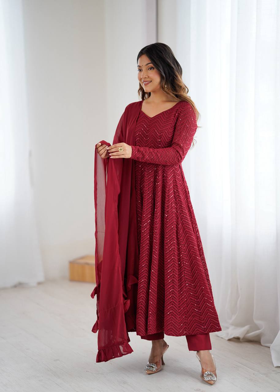 Arti Chauhan Maroon Color Sequins Work Designer Anarkali Suit