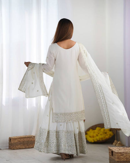 Function Wear White Color Pure Heavy Chinon Silk With Embroidery And 5mm Sequence Work Sharara Suit