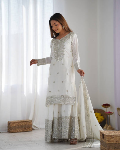 Function Wear White Color Pure Heavy Chinon Silk With Embroidery And 5mm Sequence Work Sharara Suit
