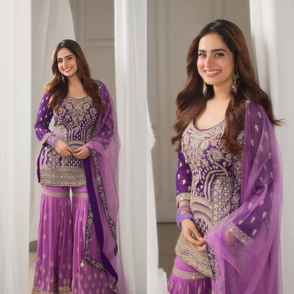 Traditional Wear Purple Color Embroidered Suit On Georgette Fabric With Heavy Work Sharara Suit With Dupatta
