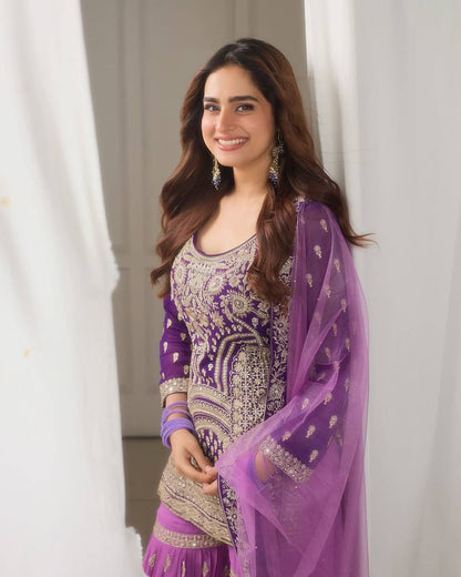 Traditional Wear Purple Color Embroidered Suit On Georgette Fabric With Heavy Work Sharara Suit With Dupatta