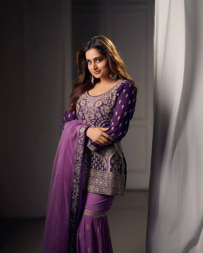Traditional Wear Purple Color Embroidered Suit On Georgette Fabric With Heavy Work Sharara Suit With Dupatta