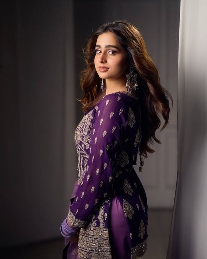 Traditional Wear Purple Color Embroidered Suit On Georgette Fabric With Heavy Work Sharara Suit With Dupatta