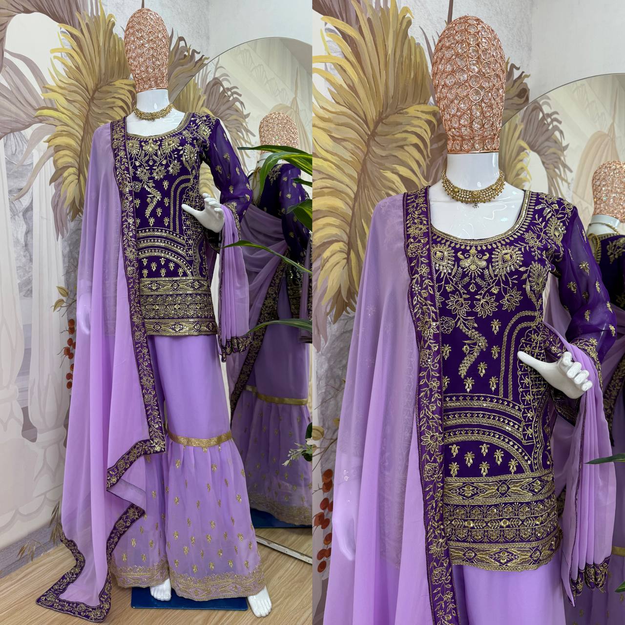 Traditional Wear Purple Color Embroidered Suit On Georgette Fabric With Heavy Work Sharara Suit With Dupatta