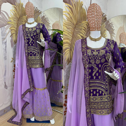 Traditional Wear Purple Color Embroidered Suit On Georgette Fabric With Heavy Work Sharara Suit With Dupatta