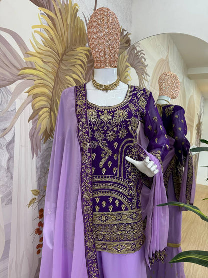 Traditional Wear Purple Color Embroidered Suit On Georgette Fabric With Heavy Work Sharara Suit With Dupatta