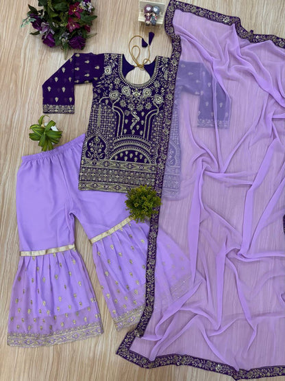 Traditional Wear Purple Color Embroidered Suit On Georgette Fabric With Heavy Work Sharara Suit With Dupatta