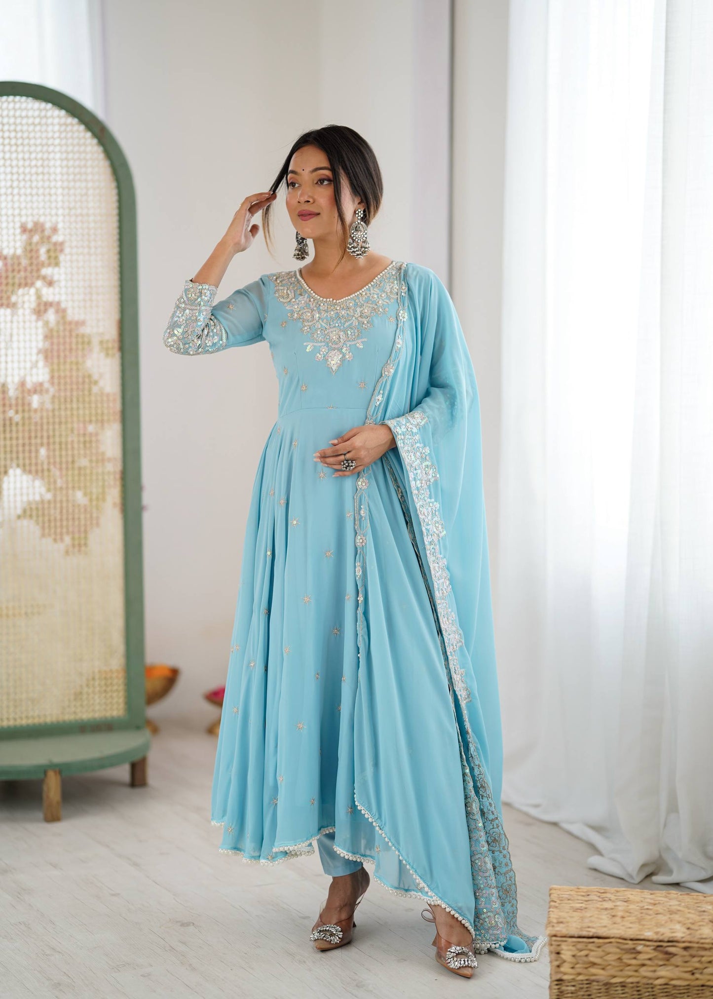 Arti Chauhan Wear Sky Blue Color Sequence Embroidered Anarkali Gown With Dupatta