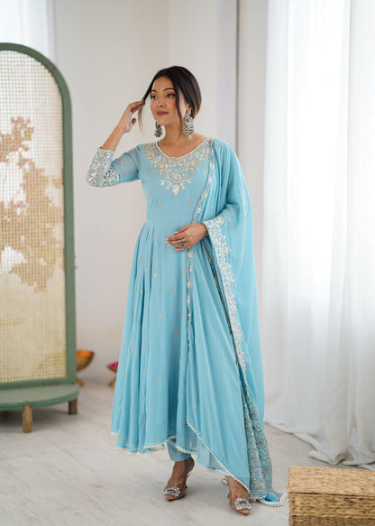 Arti Chauhan Wear Sky Blue Color Sequence Embroidered Anarkali Gown With Dupatta