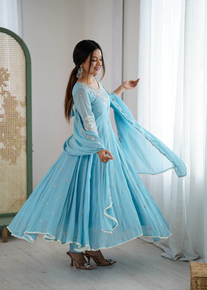 Arti Chauhan Wear Sky Blue Color Sequence Embroidered Anarkali Gown With Dupatta