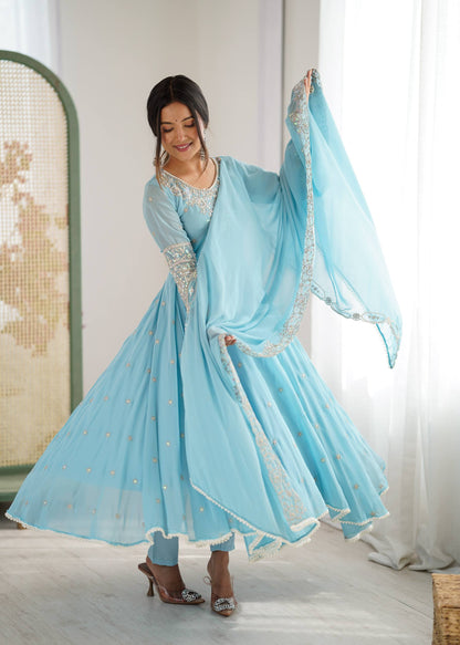 Arti Chauhan Wear Sky Blue Color Sequence Embroidered Anarkali Gown With Dupatta