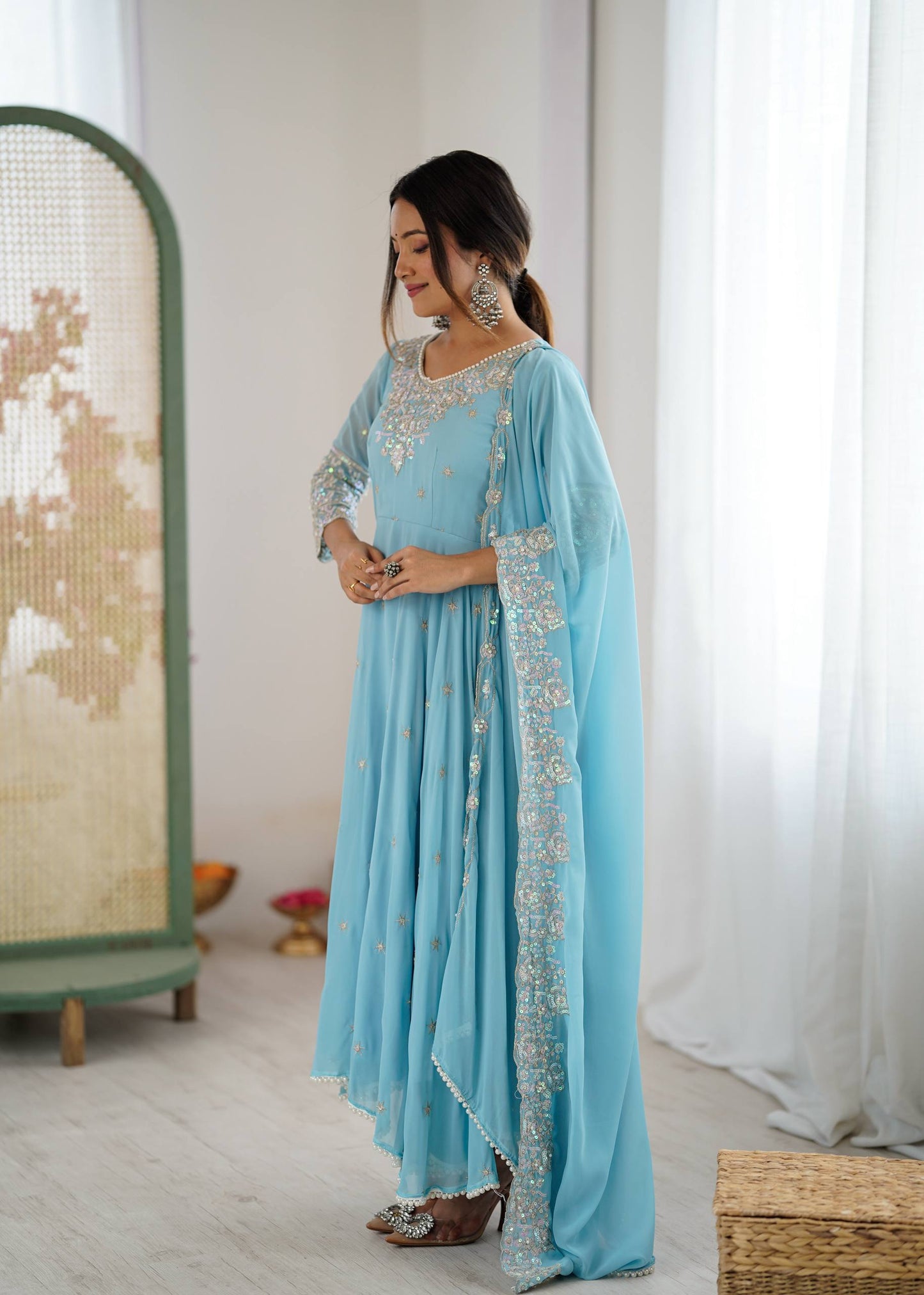 Arti Chauhan Wear Sky Blue Color Sequence Embroidered Anarkali Gown With Dupatta