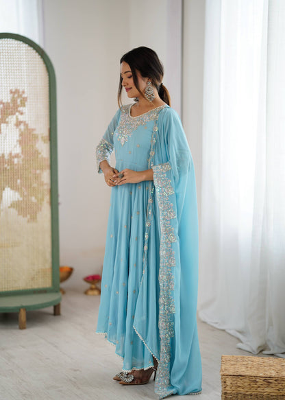 Arti Chauhan Wear Sky Blue Color Sequence Embroidered Anarkali Gown With Dupatta
