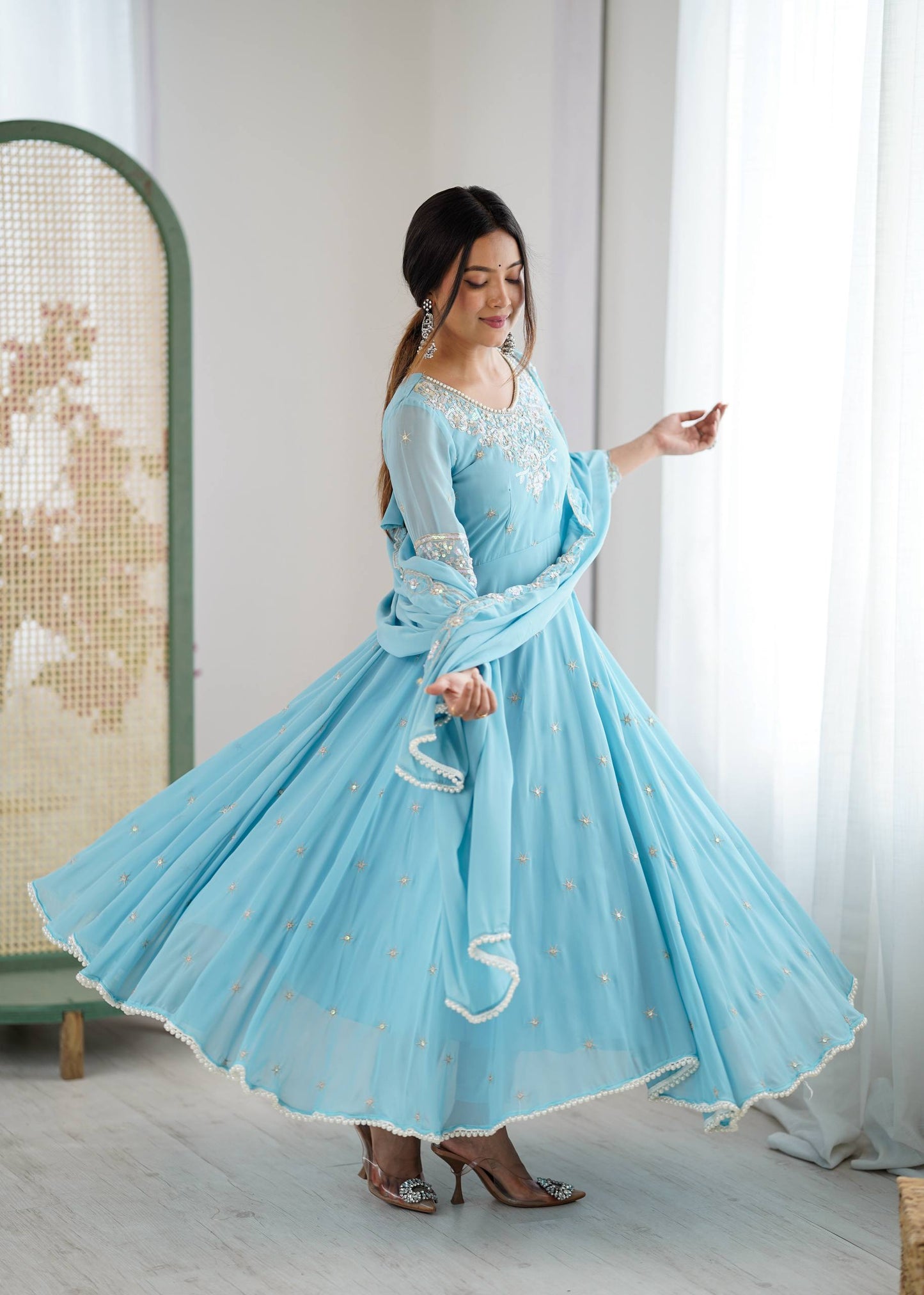 Arti Chauhan Wear Sky Blue Color Sequence Embroidered Anarkali Gown With Dupatta