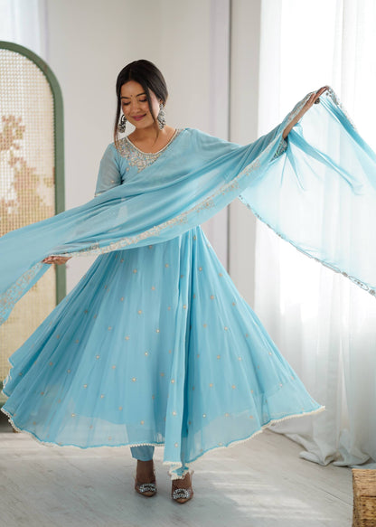 Arti Chauhan Wear Sky Blue Color Sequence Embroidered Anarkali Gown With Dupatta