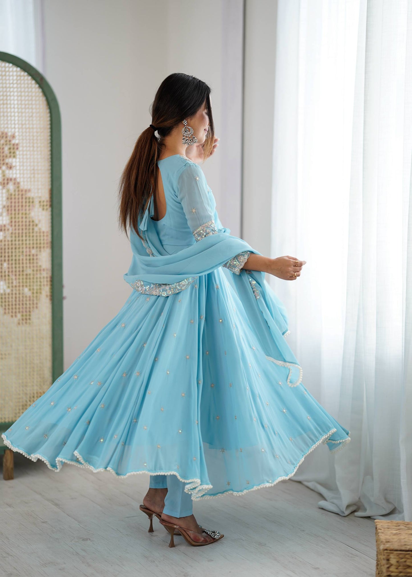 Arti Chauhan Wear Sky Blue Color Sequence Embroidered Anarkali Gown With Dupatta
