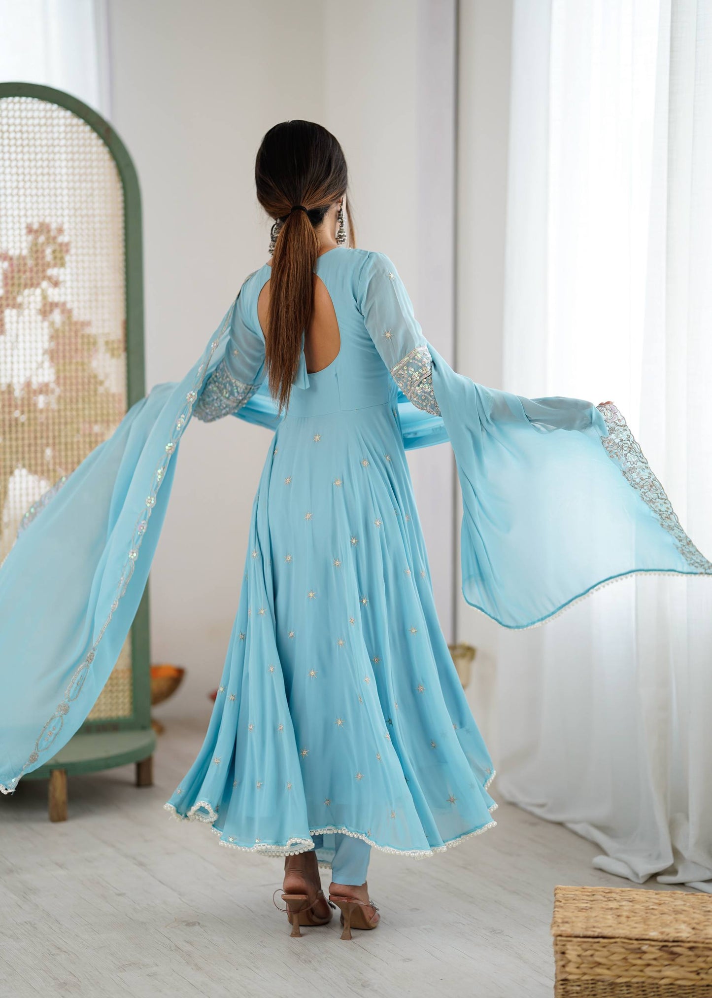 Arti Chauhan Wear Sky Blue Color Sequence Embroidered Anarkali Gown With Dupatta