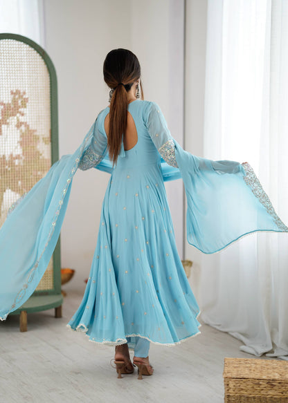 Arti Chauhan Wear Sky Blue Color Sequence Embroidered Anarkali Gown With Dupatta