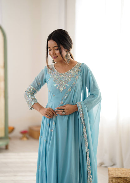 Arti Chauhan Wear Sky Blue Color Sequence Embroidered Anarkali Gown With Dupatta