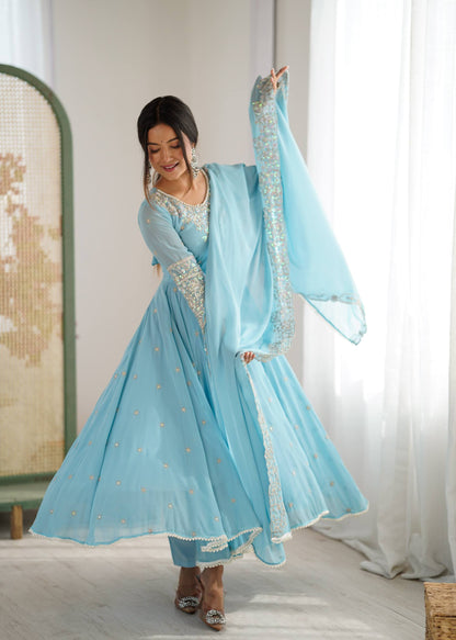 Arti Chauhan Wear Sky Blue Color Sequence Embroidered Anarkali Gown With Dupatta