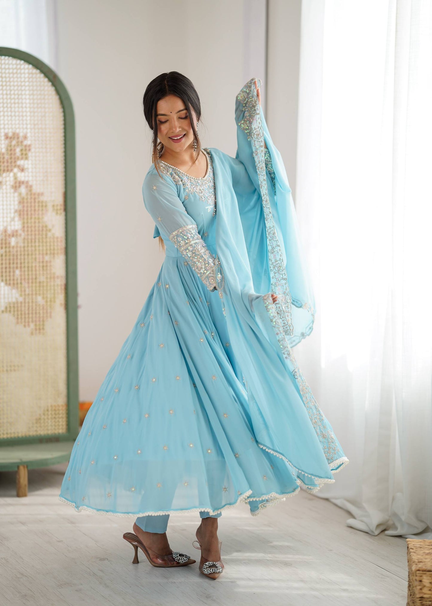 Arti Chauhan Wear Sky Blue Color Sequence Embroidered Anarkali Gown With Dupatta