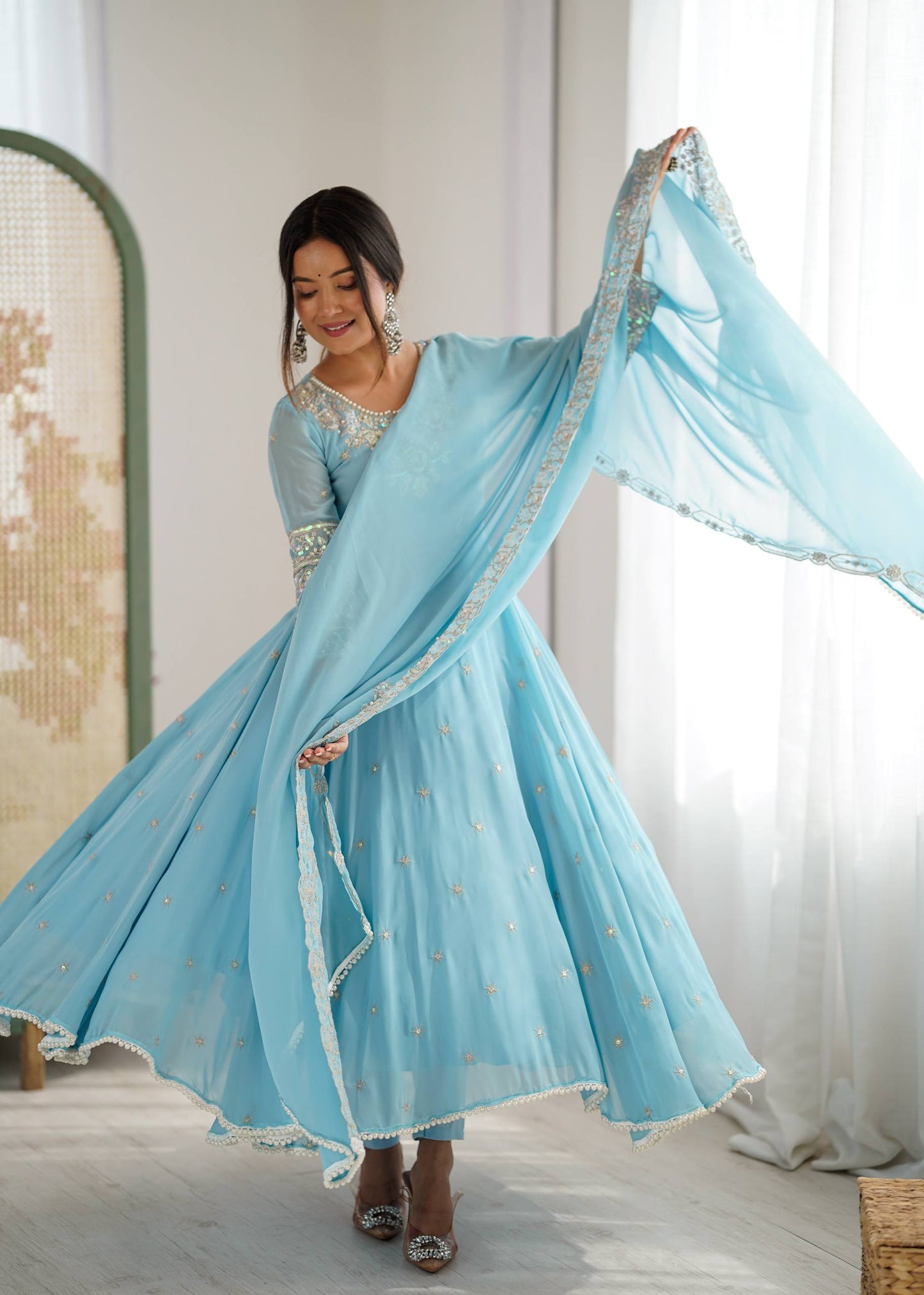 Arti Chauhan Wear Sky Blue Color Sequence Embroidered Anarkali Gown With Dupatta