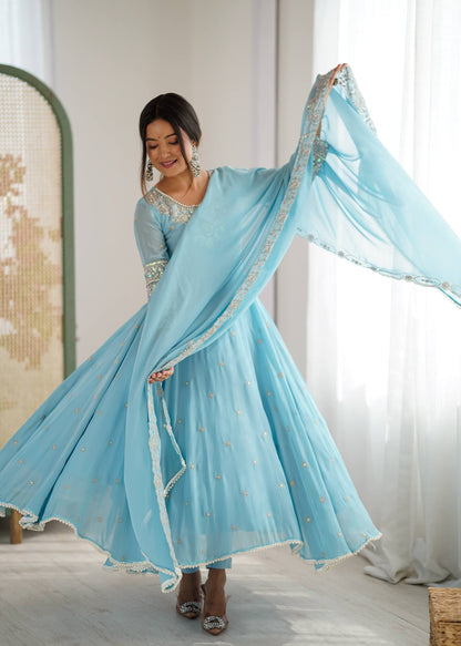 Arti Chauhan Wear Sky Blue Color Sequence Embroidered Anarkali Gown With Dupatta