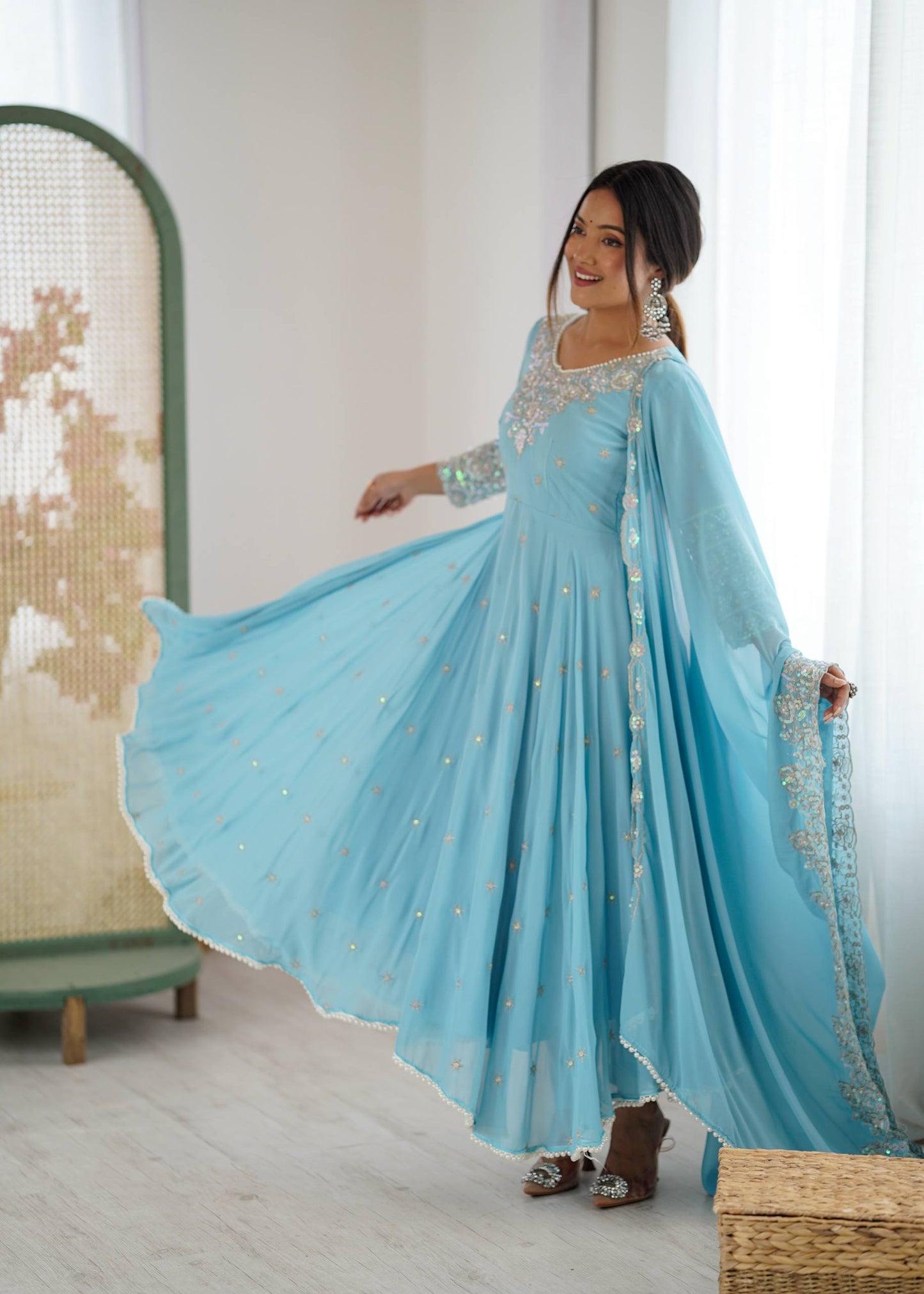 Arti Chauhan Wear Sky Blue Color Sequence Embroidered Anarkali Gown With Dupatta