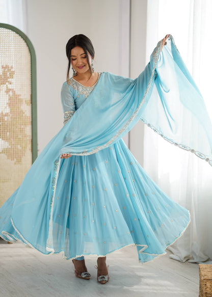 Arti Chauhan Wear Sky Blue Color Sequence Embroidered Anarkali Gown With Dupatta