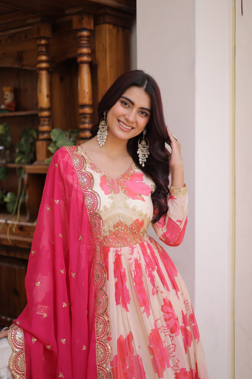 Function Wear Pink And White Color Printed Gown Set