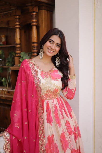 Function Wear Pink And White Color Printed Gown Set