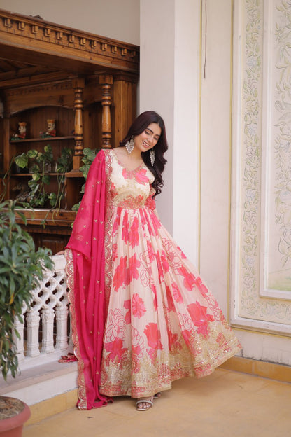 Function Wear Pink And White Color Printed Gown Set