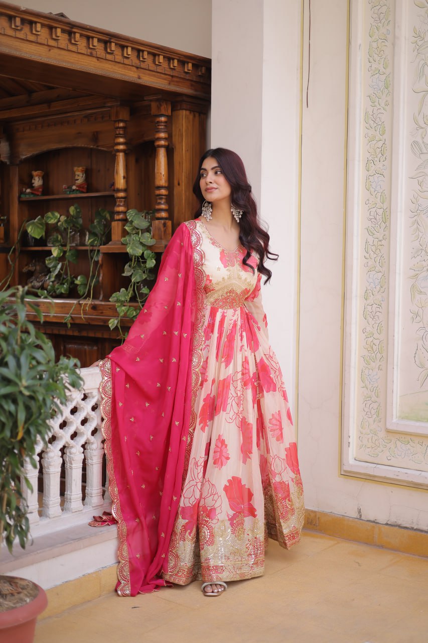 Function Wear Pink And White Color Printed Gown Set