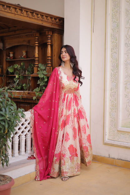 Function Wear Pink And White Color Printed Gown Set