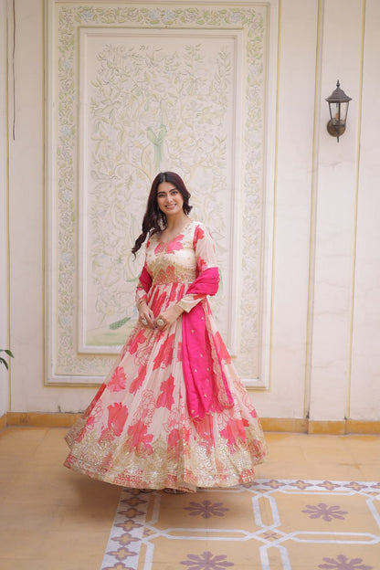 Function Wear Pink And White Color Printed Gown Set