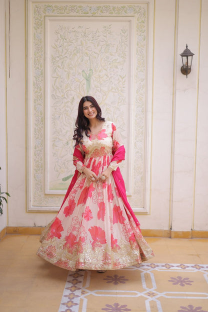 Function Wear Pink And White Color Printed Gown Set